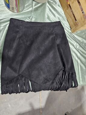 Black Fringe Mini Skirt - Sleek Suede-Look. back zip
